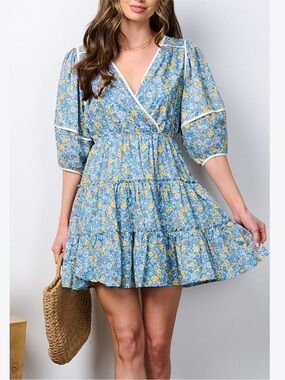 Just Me Blue and Yellow Floral Mini Dress